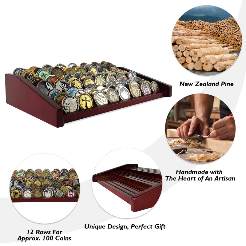 ASmileIndeep 12 Rows Military Challenge Coin Holder Display Case Holds 90-100 Coins, Solid Wood Army Coin Rack Display Stand for Desktop, Mahogany - Image 2